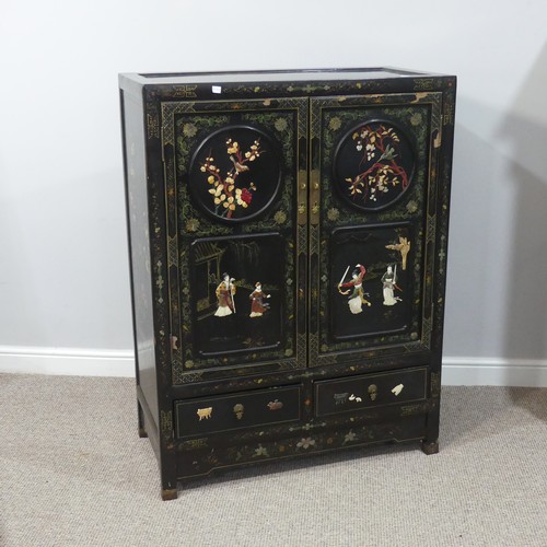 495 - An Oriental Shibayama-style black lacquered Side Cabinet, in the Japanese manner, the twin panelled ... 