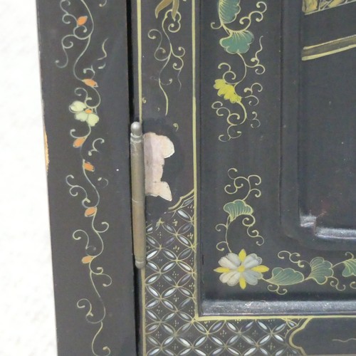 495 - An Oriental Shibayama-style black lacquered Side Cabinet, in the Japanese manner, the twin panelled ... 