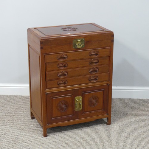 307 - An Oriental hardwood Cutlery Canteen Cabinet, with baize lined fitted hinged top section above four ... 