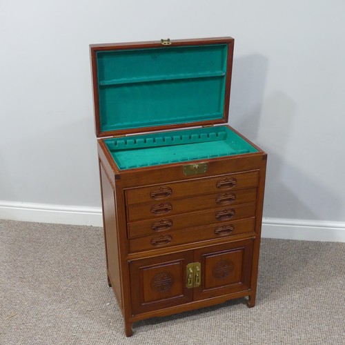 307 - An Oriental hardwood Cutlery Canteen Cabinet, with baize lined fitted hinged top section above four ... 