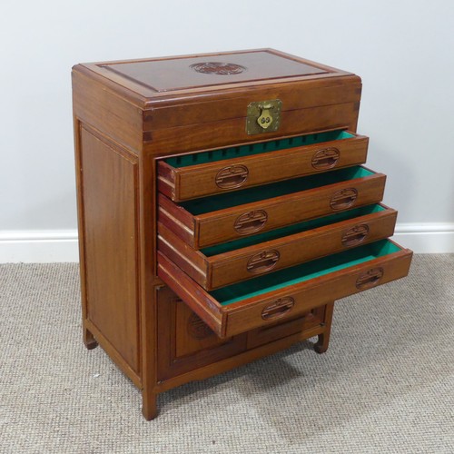 307 - An Oriental hardwood Cutlery Canteen Cabinet, with baize lined fitted hinged top section above four ... 