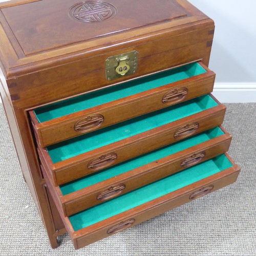 307 - An Oriental hardwood Cutlery Canteen Cabinet, with baize lined fitted hinged top section above four ... 