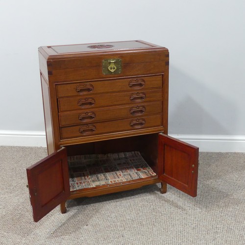 307 - An Oriental hardwood Cutlery Canteen Cabinet, with baize lined fitted hinged top section above four ... 