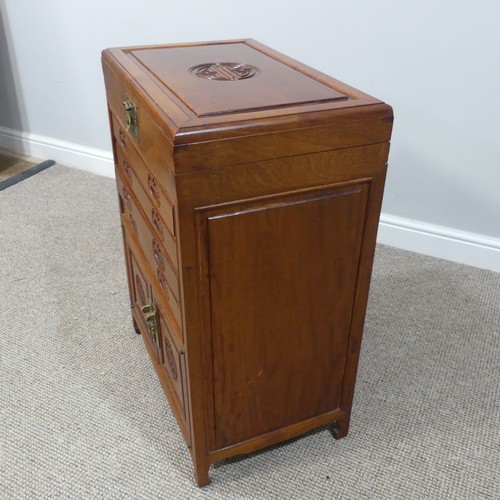 307 - An Oriental hardwood Cutlery Canteen Cabinet, with baize lined fitted hinged top section above four ... 