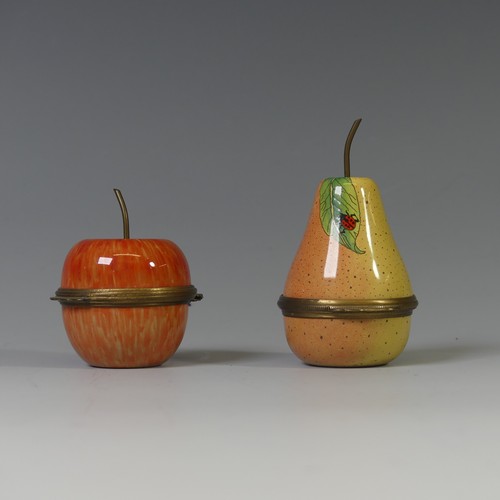 99 - A Halcyon Days enamel Bonbonnière, modelled as a Pear, with another modelled as an Apple, together w... 