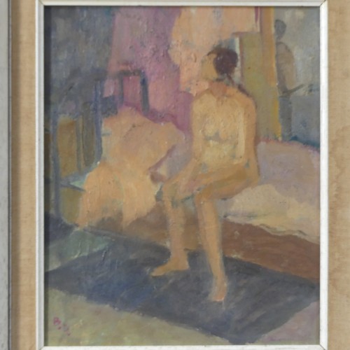 202 - Bernard Dunstan RA (British, 1920-2017), Nude seated on a bed, oil on board, signed with initials 'B... 