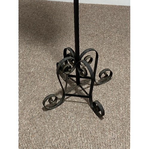 362 - A wrought iron and red glass standard Lamp Stand with Oil Lamp, the red glass lamp with opaque glass... 