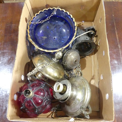 399 - A quantity of vintage ceiling lights, to include a blue glass Bohemian style pendant shade with gilt... 