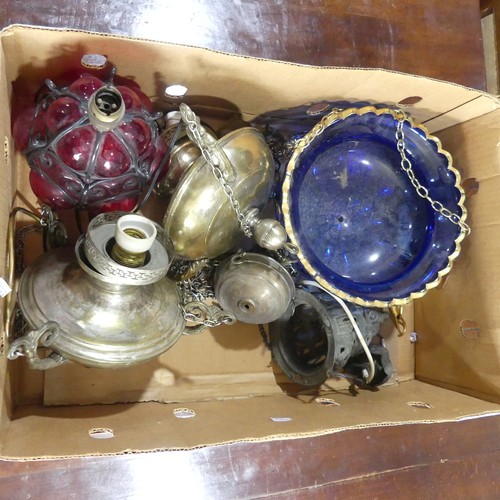 399 - A quantity of vintage ceiling lights, to include a blue glass Bohemian style pendant shade with gilt... 