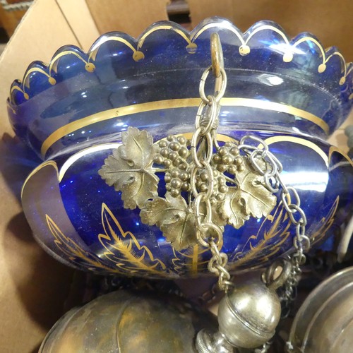 399 - A quantity of vintage ceiling lights, to include a blue glass Bohemian style pendant shade with gilt... 