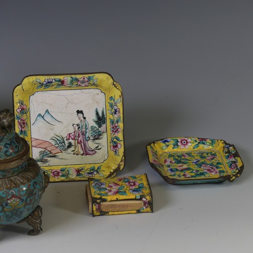 143 - An antique Chinese cloisonné and gilt metal Censer, raised on shaped legs, together with another, wi... 