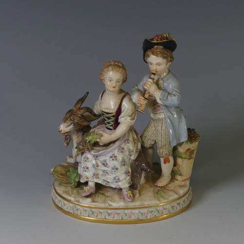 111 - A 19thC Meissen porcelain figure of Autumn, with a young boy standing playing a flute beside a young... 