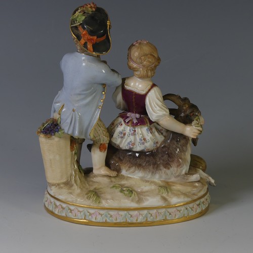 111 - A 19thC Meissen porcelain figure of Autumn, with a young boy standing playing a flute beside a young... 