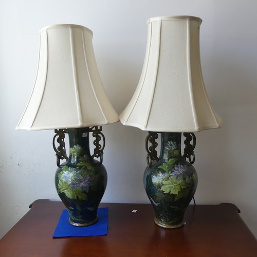 322 - A pair of Oriental terracotta baluster Table Lamps and Shades, with enamelled floral decoration, wit... 