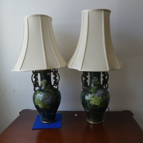 322 - A pair of Oriental terracotta baluster Table Lamps and Shades, with enamelled floral decoration, wit... 