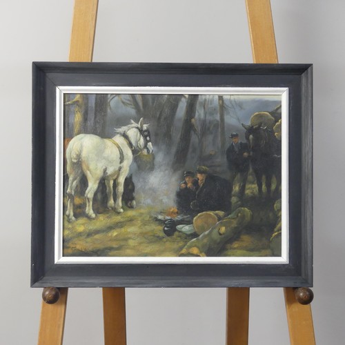 200 - Manner of Frederick (Fred) Hall (1860-1948), Woodland scene with figures and horses, oil on board, b... 