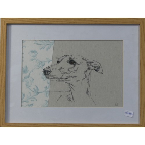 154 - Karen Nicol (contemporary), mixed media and embroidery textile art, dog portraits, 30cm x 20cm, fram... 