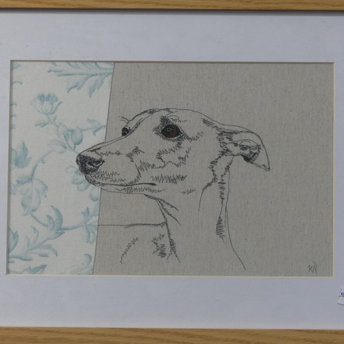 154 - Karen Nicol (contemporary), mixed media and embroidery textile art, dog portraits, 30cm x 20cm, fram... 