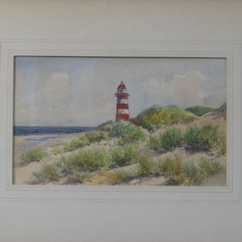 157 - 20th century School, Lighthouse, watercolour, 36cm x 21cm, framed, together with three other coastal... 