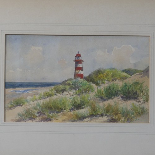 157 - 20th century School, Lighthouse, watercolour, 36cm x 21cm, framed, together with three other coastal... 