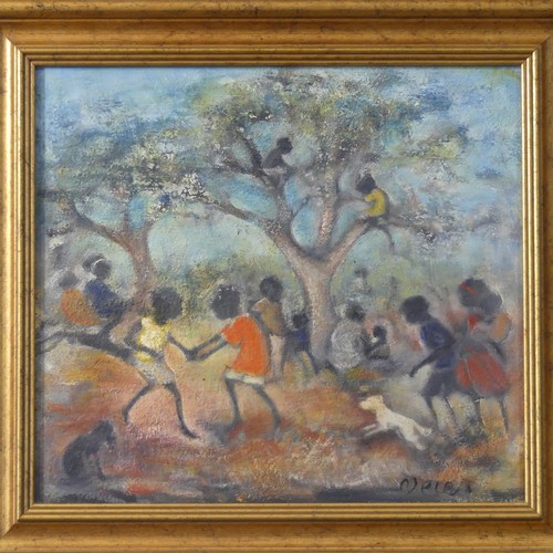 180 - Australian School (20th century). Aborigine children dancing, acrylic on board, signed 