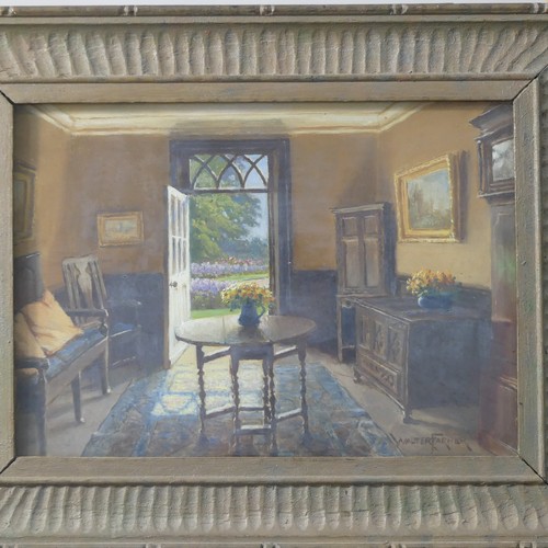 190 - Walter Farmer (British, 1870-1947), Room interior looking out to a garden, oil on board, signed, 19c... 