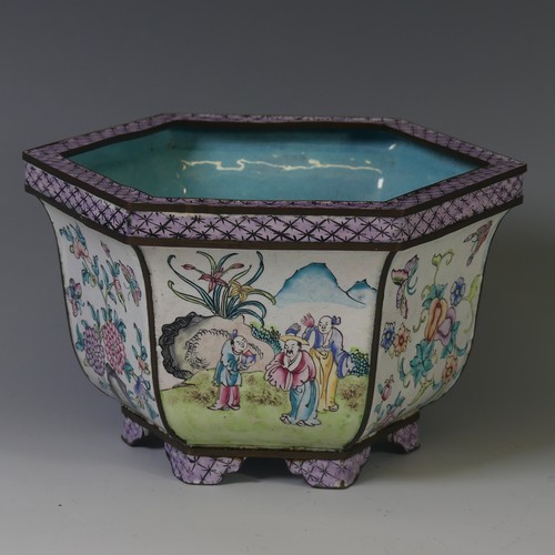 140 - An antique Chinese famille rose enamel Jardiniere, of hexagonal form, decorated with panels depictin... 