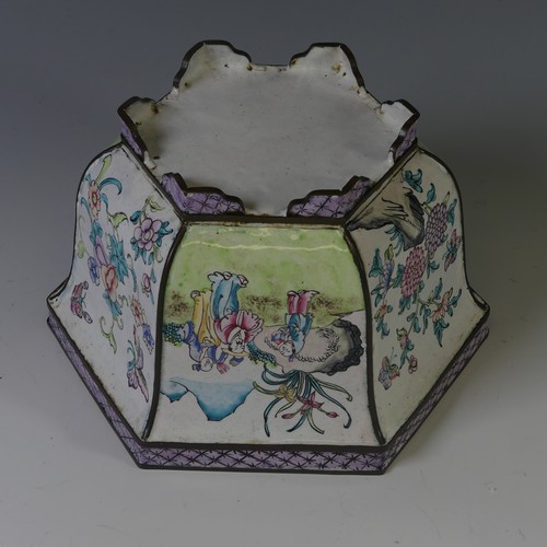 140 - An antique Chinese famille rose enamel Jardiniere, of hexagonal form, decorated with panels depictin... 