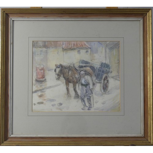 232 - Early 20th century School, W.W.1 Soldier leading a horse and cart, pencil and watercolour, 25.5cm x ... 