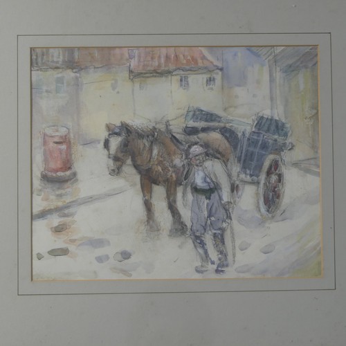 232 - Early 20th century School, W.W.1 Soldier leading a horse and cart, pencil and watercolour, 25.5cm x ... 