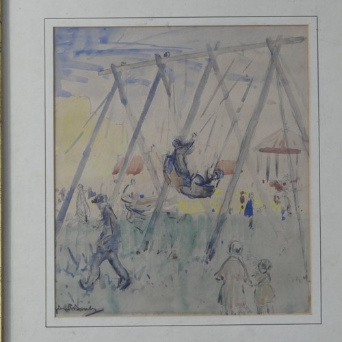 233 - English School (20th century), Figures in a park with swing boats, pencil and watercolour, indistinc... 