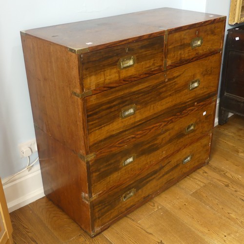 521 - A 19thC brass-mounted mahogany military Campaign Chest, in two parts, with two short above three lon... 