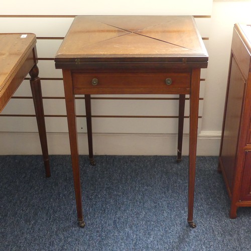 312 - An Edwardian inlaid mahogany Envelope Card Table, the top opening to reveal a green baise lining (da... 