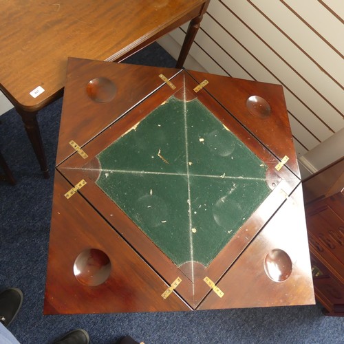 312 - An Edwardian inlaid mahogany Envelope Card Table, the top opening to reveal a green baise lining (da... 