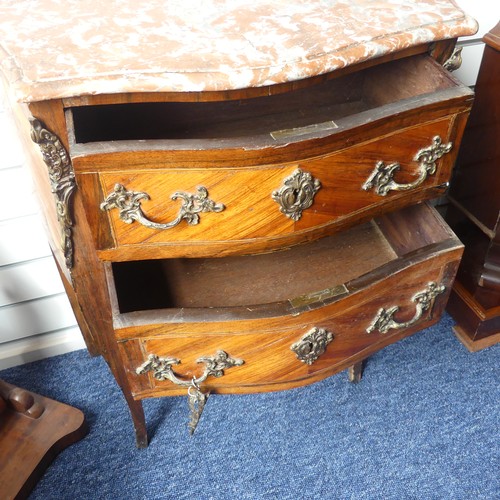 324 - An early 20thC French kingwood bombe Commode, the marble top upon two crossbanded drawers, all fitte... 