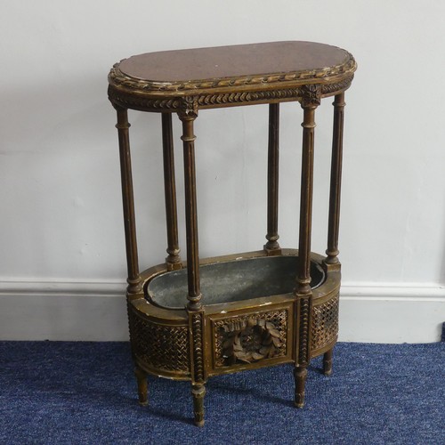 314 - An early 20thC French giltwood Plant Stand, the oval hardstone top, above a metal lined cane work un... 