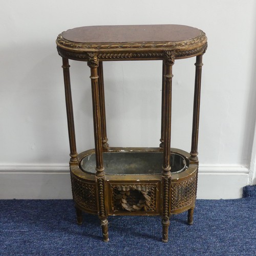 314 - An early 20thC French giltwood Plant Stand, the oval hardstone top, above a metal lined cane work un... 