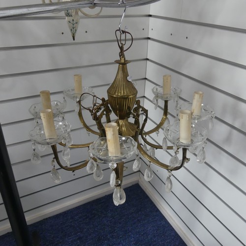 326 - A vintage brass seven branch Chandelier, with crystal drops, 52cm diameter.