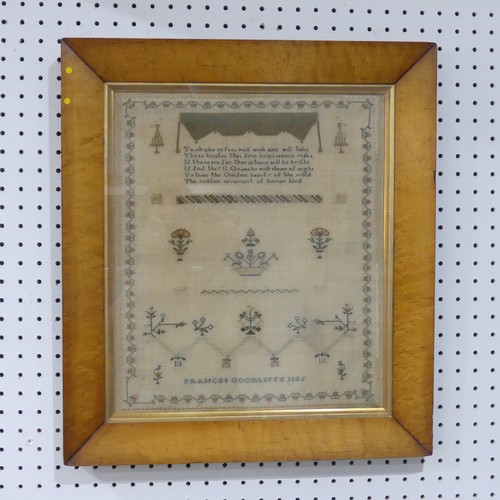 369 - A Georgian sampler, dated 1805, worked with coloured threads with a reflective motto about youth and... 