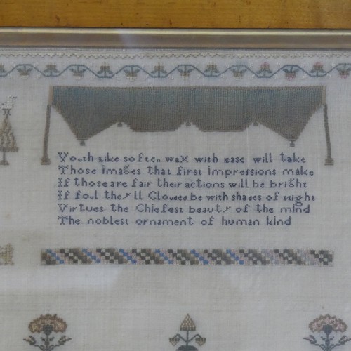 369 - A Georgian sampler, dated 1805, worked with coloured threads with a reflective motto about youth and... 