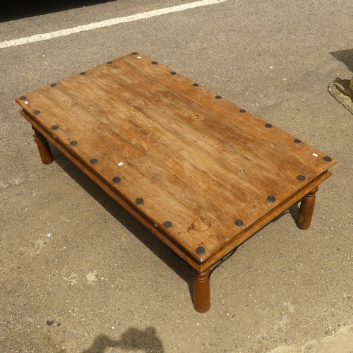 484 - A Mexican pine rectangular Coffee Table, with wrought metal fittings, W 162cm x D 90cm x H 46cm.... 