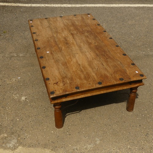 484 - A Mexican pine rectangular Coffee Table, with wrought metal fittings, W 162cm x D 90cm x H 46cm.... 