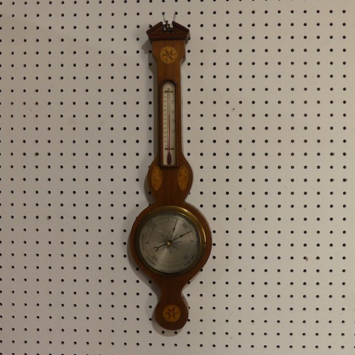 510 - An Edwardian inlaid mahogany wheel Barometer, with inlaid rosette and shell motifs, H 59cm.... 