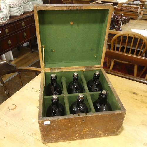 446 - An early 20thC cased set of six glass Bottles, the tops labelled W (2), B (2), R (2), in a fitted wo... 