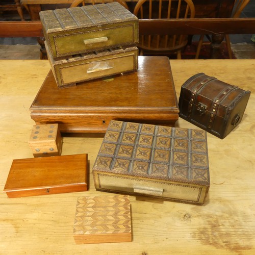 385 - A quantity of wooden Boxes, to include three matching boxes with geometric design, together with var... 