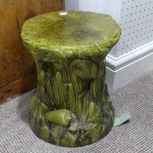 7 - A Bretby Art Pottery style Garden Seat, sea life design, with green majolica glaze, unmarked, H 32cm... 