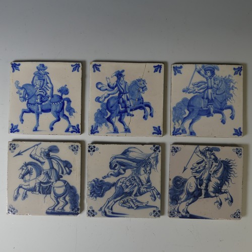 9 - A set of three 18thC blue and white Dutch Delft Tiles, depicting riders on horseback, together with ... 