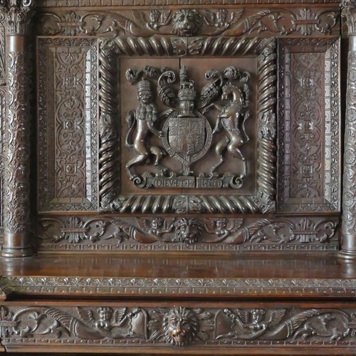 530 - A late 16thC to early 17thC, and later, heavily carved oak large inverted breakfront pedestal Sidebo... 