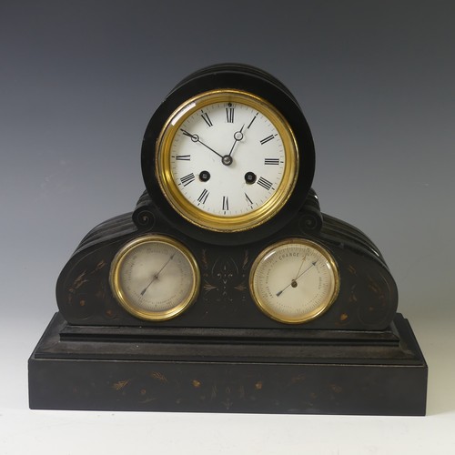 A 19th century French black slate Mantle Clock with Barometer and Thermometer dials, the brass movement striking on a bell, signed "Japy Freres & C'ie, Med. D'Honn,", 33cm wide x 28cm high.