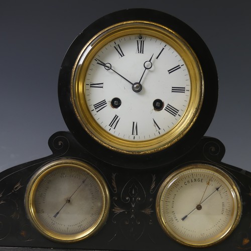 245 - A 19th century French black slate Mantle Clock with Barometer and Thermometer dials, the brass movem... 